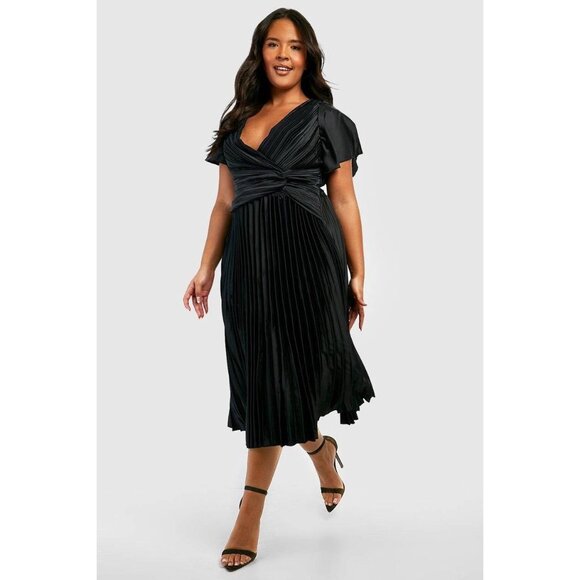 Boohoo Plus Pleated Twist Angel Sleeve Midi Dress Size 22 - Picture 1 of 9